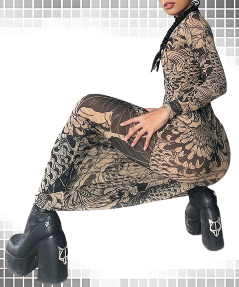 Printed Mesh High-Waisted Dress