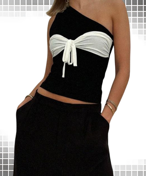 One-Shoulder Bowknot Colorblock Top