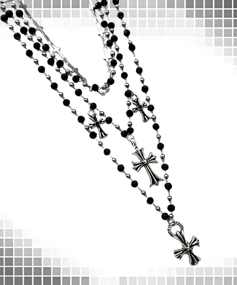 Cross Pendant Black Bead Necklace
