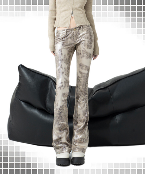 Snake Print Stretch PU Flared Pants