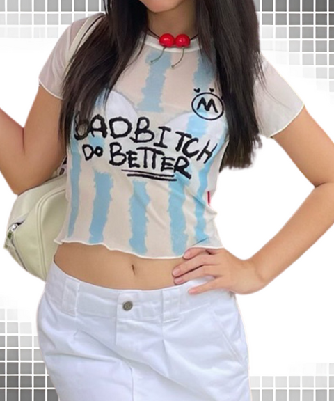 Striped Letter Printed Sheer T-Shirt