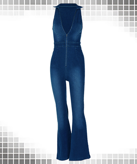 Collared Zip-Up Denim Jumpsuit