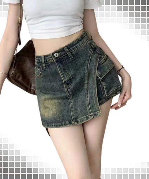 Distressed High-Waisted Denim Skirt