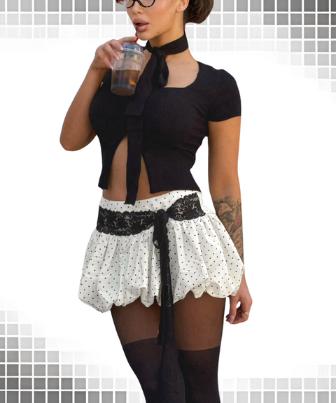 Polka Dot Lace Tie-Up Ruffle Mini Skirt