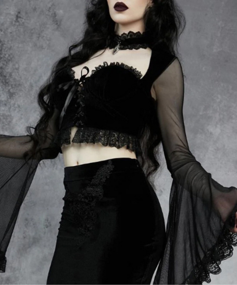Halloween mesh paneled flared sleeve top