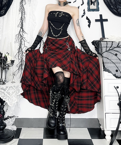 Halloween red plaid irregular adjustable multi-wear skirt