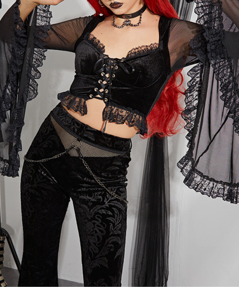Halloween mesh paneled flared sleeve top