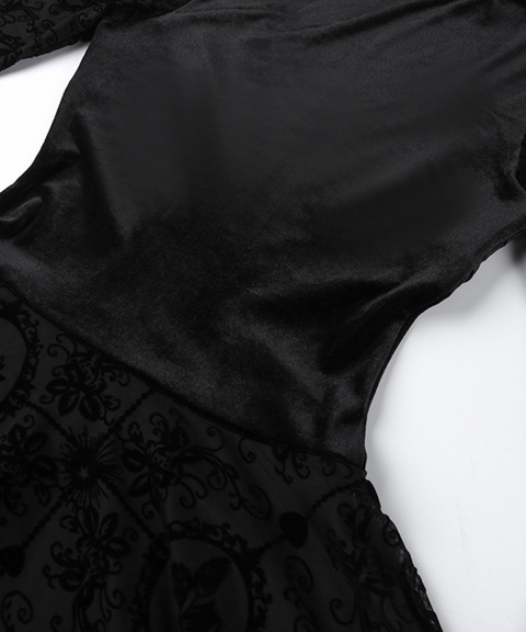 Halloween retro dark flocked long-sleeved dress