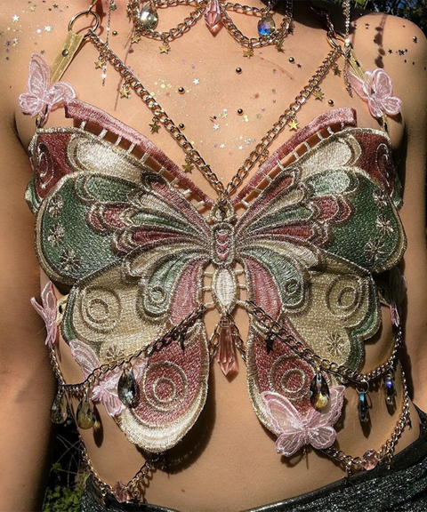 Embroidered butterfly metal charm vest