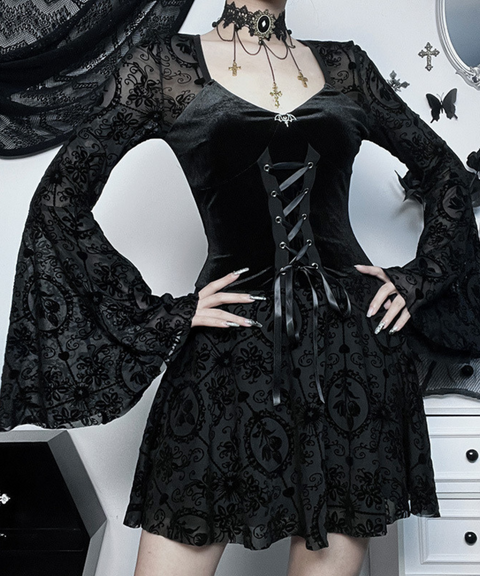 Halloween retro dark flocked long-sleeved dress
