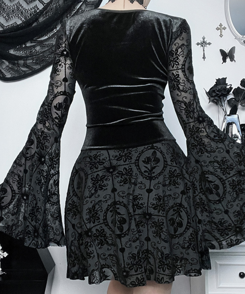 Halloween retro dark flocked long-sleeved dress