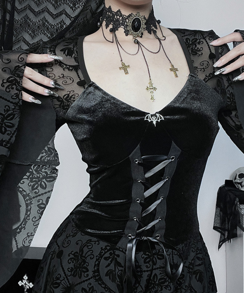 Halloween retro dark flocked long-sleeved dress