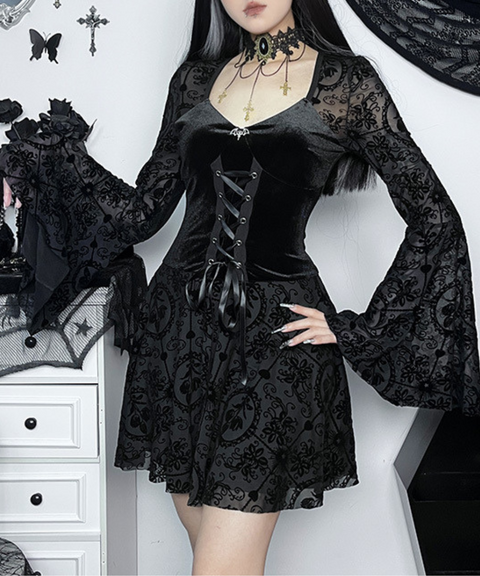 Halloween retro dark flocked long-sleeved dress