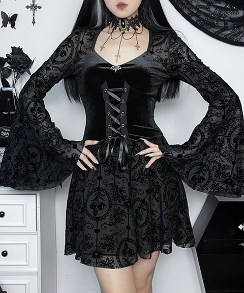 Halloween retro dark flocked long-sleeved dress