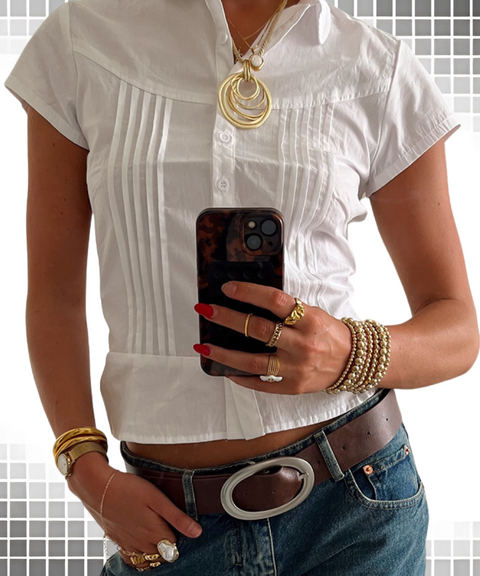 Solid Color Zip-Waist Pleated College Blouse