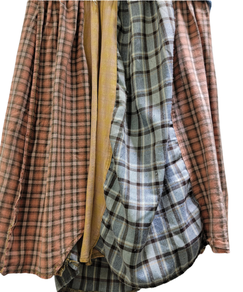 Paneled plaid denim skirt