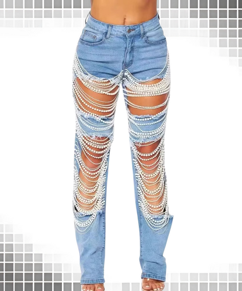 Damaged Beaded Denim Jeans