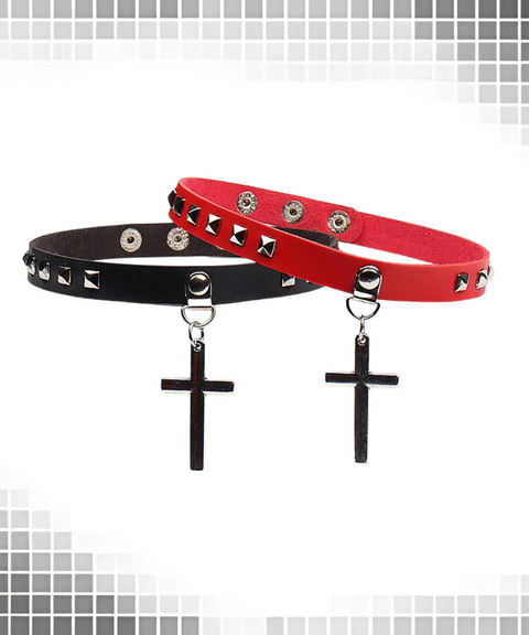 Halloween PU leather collar with cross and retro rivet leather necklace