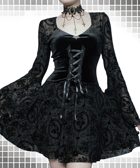 Halloween retro dark flocked long-sleeved dress