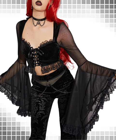Halloween mesh paneled flared sleeve top