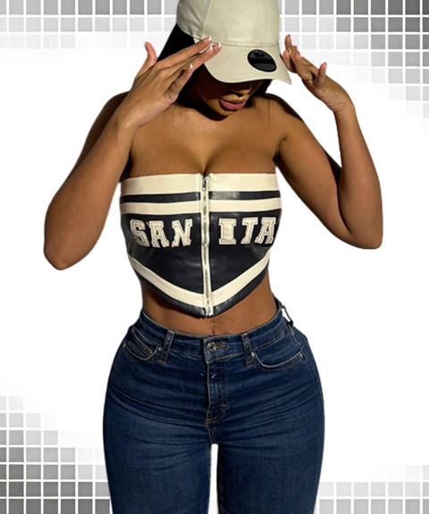 PU Leather Letter Print Zipper Vest