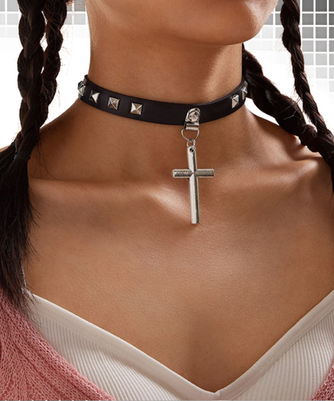 Halloween PU leather collar with cross and retro rivet leather necklace