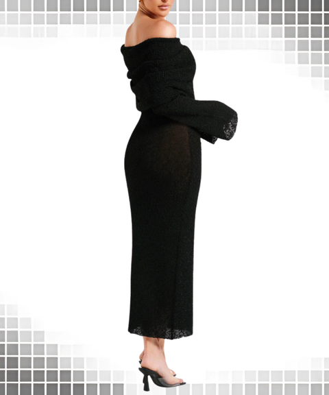 Long-sleeved knitted one-shoulder dress
