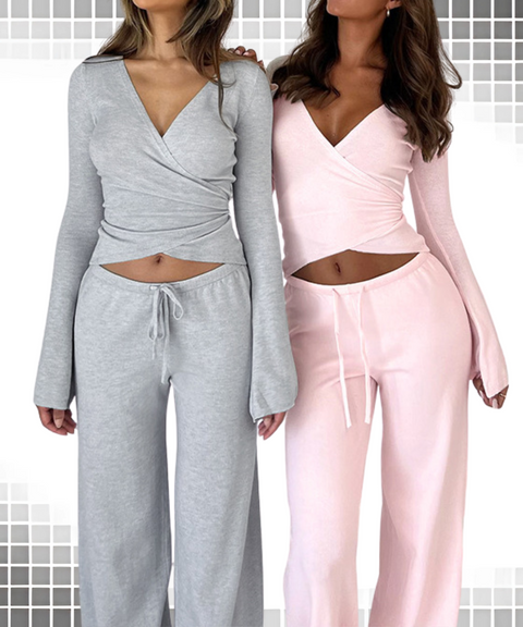 Flag-sleeved Top and Trousers Two-piece Set