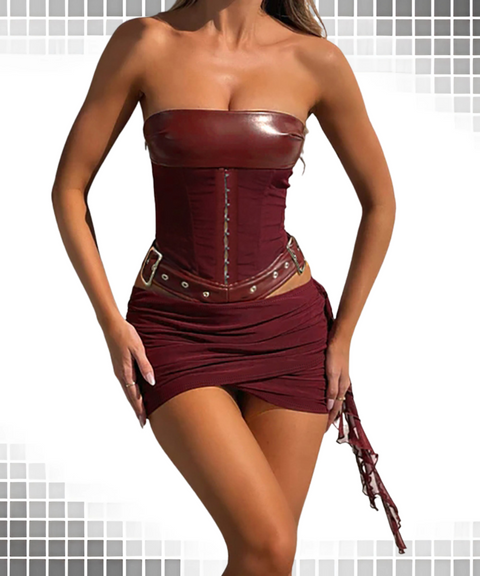 Waist-Cinching Cutout Leather Hip-Hugging Set with Harness Belt