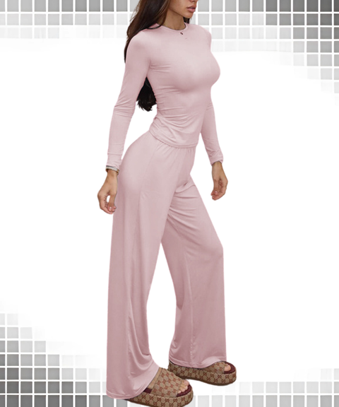 Solid Basic Long Sleeve Top & Wide-Leg Pants Set