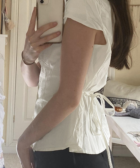 Slim Ruched Button-Up Back Tie Collar Shirt