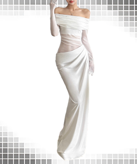 Elegant Sheer Mesh Off-Shoulder Maxi Dress