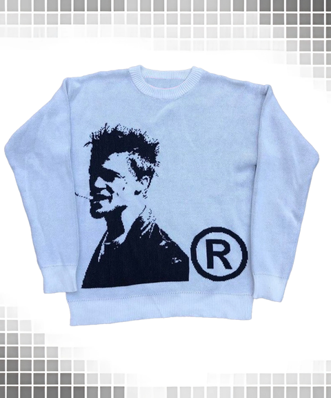 Pullover Knit Sweater with Human Face Graphic