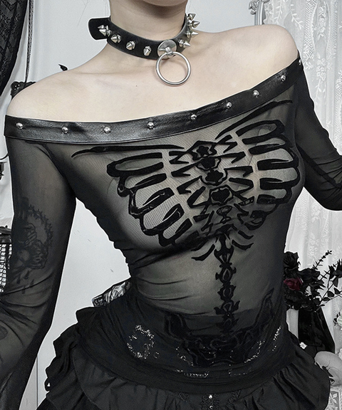 Dark Gothic Flocked Skull Print Sexy Flare Sleeve Top