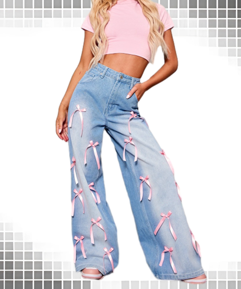 Bow Detail High-Waist Wide-Leg Street Style Distressed Loose Fit Women’s Jeans
