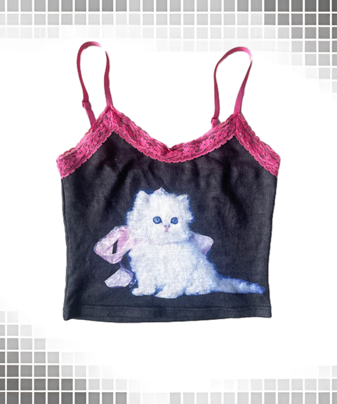 Vintage Cat Print Lace Trim Tank Top