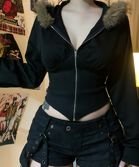 Fur Collar Hooded Waist-Cinching Zip-Up Jacket