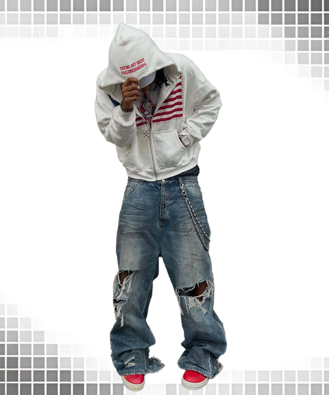 Trendy High-Street Flag Print Loose-Fit Hooded Zip-Up Hoodie