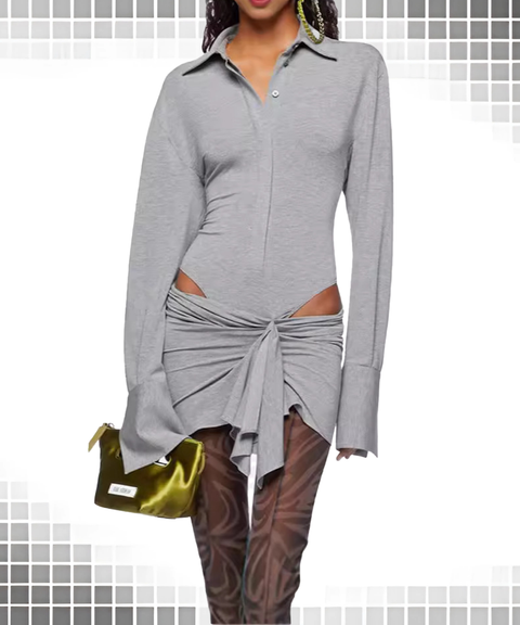 Long Sleeve Polo Collar Irregular Cut-Out Sexy Dress