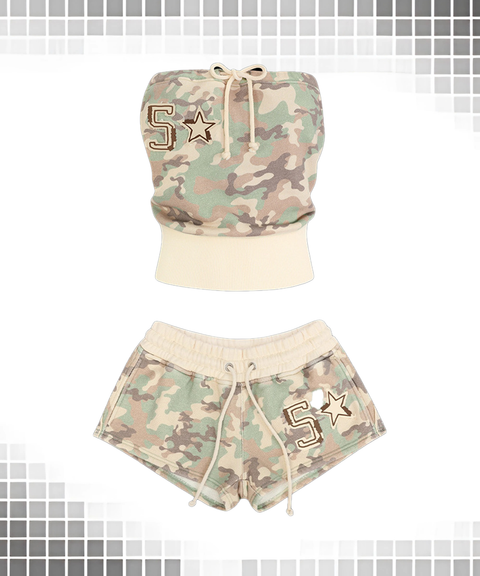 Retro Street Style Camo Strapless Crop Top & Shorts Set