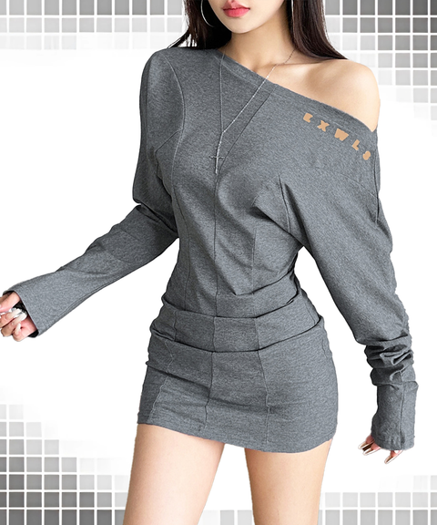 Asymmetric Off-Shoulder Long Sleeve Waist-Cinching Dress