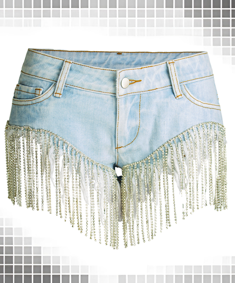 Fringe Chain Rhinestone Push-Up Wide-Leg Denim Shorts