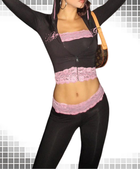 Contrast color lace paneled hooded top and casual sports pants set