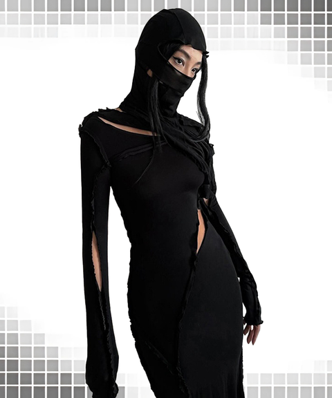 Solid Hooded High-Neck Wasteland Style Hollow-Out Long Sleeve Dress