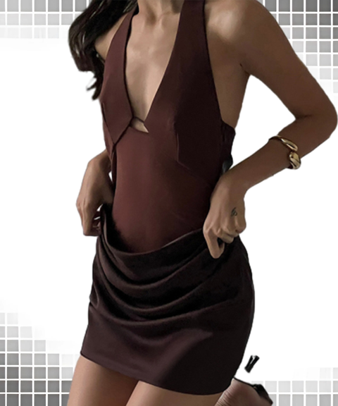 Solid Color Slim High-Waisted V-Neck Halter Sleeveless Dress