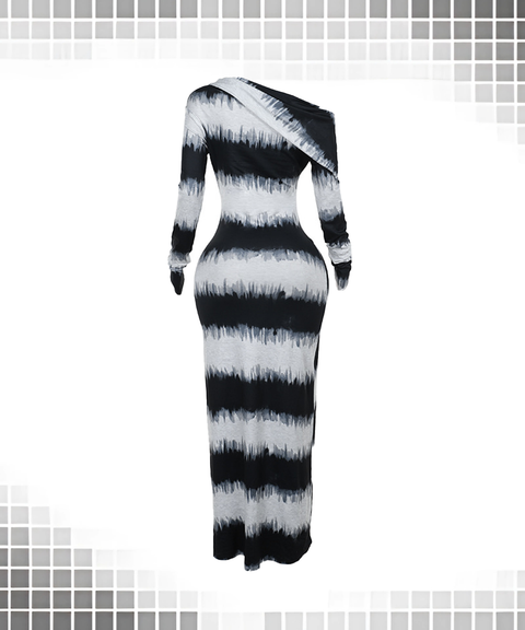 Black & White Striped Asymmetric Off-Shoulder Cowl Neck Long Sleeve Dress