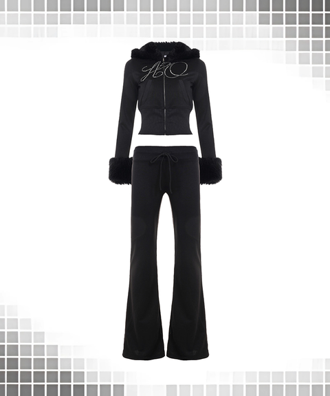 Fuzzy Long Sleeve Zip-Up Hoodie & Rhinestone Letter Jogger Two-Piece Set