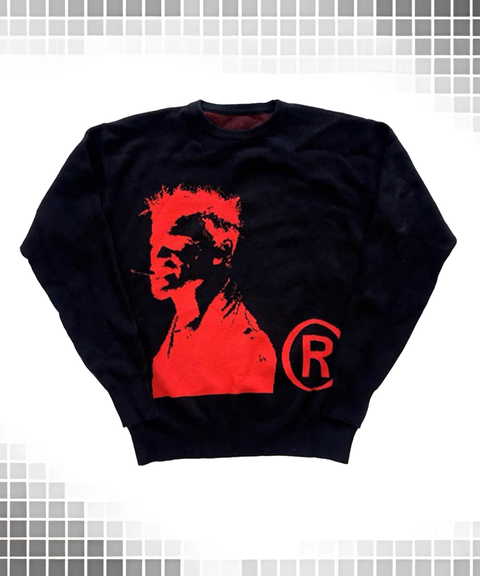 Pullover Knit Sweater with Human Face Graphic