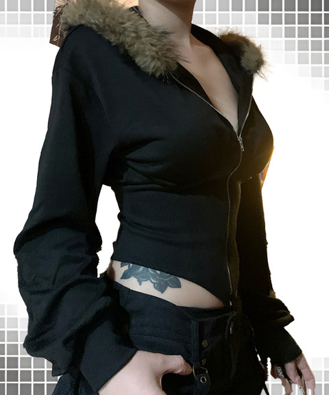 Fur Collar Hooded Waist-Cinching Zip-Up Jacket