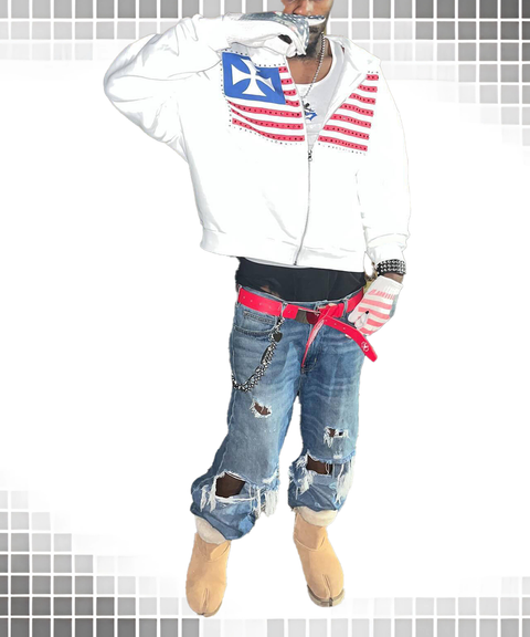 Trendy High-Street Flag Print Loose-Fit Hooded Zip-Up Hoodie